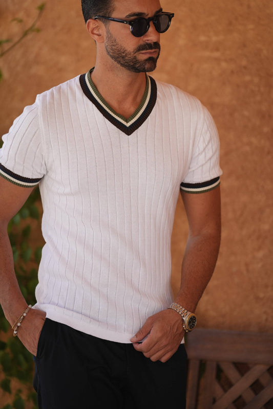 White Ribbed V-Neck